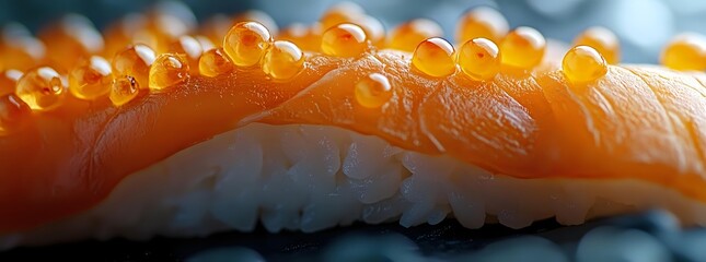 Salmon sushi with orange roe garnish on rice, showcasing fresh seafood delicacy in close-up detail.