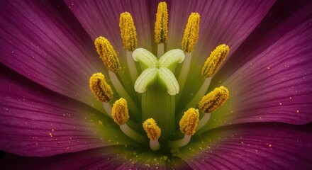 Detailed macro image showing the intricate floral anatomy of a bloom, highlighting the pollen on the anther and the central pistil structure ,science ,anatomy ,garden