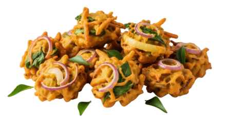Golden Crispy Indian Bhajiya or Pakora Fritters topped with Red Onion and Curry Leaves Isolated Product Shot isolated on Transparent Background