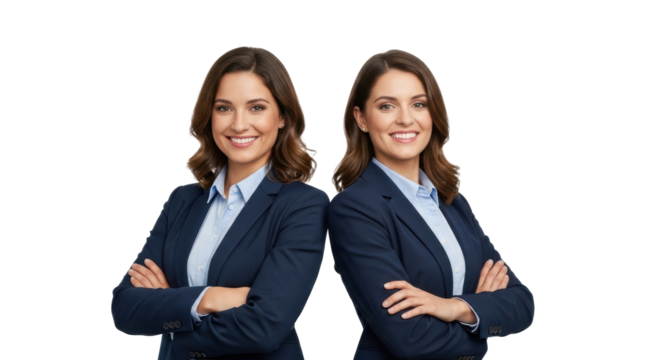 Confident twin businesswomen stand back to back with folded arms smiling and ready for teamwork success today - Powered by Adobe