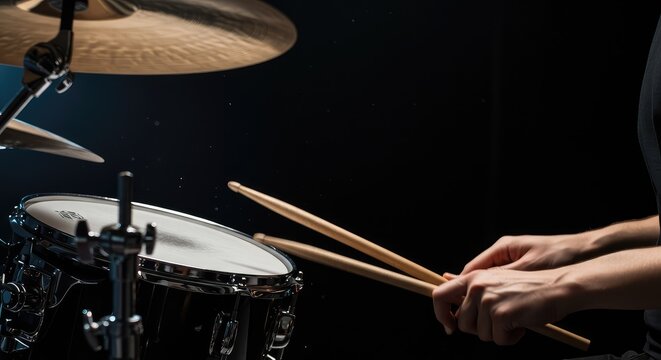 Dynamic close-up shot of wooden drumsticks striking the cymbal and drumhead during an energetic live music performance emphasizing rhythm and sound ,equipment ,musical ,professional - Powered by Adobe