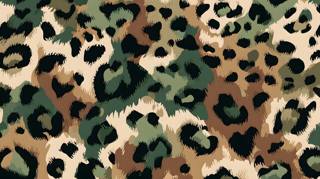 This seamless animal print features a unique blend of green, brown, and beige hues, creating a camouflage-inspired design suitable for various design projects.