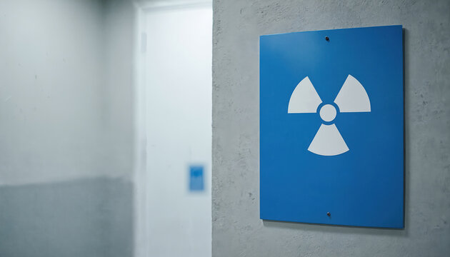 Blue sign with white radiation hazard symbol on gray wall. Entrance to x-ray room in clinic. Warning about danger, safety, and nuclear threat. Copy space for text.