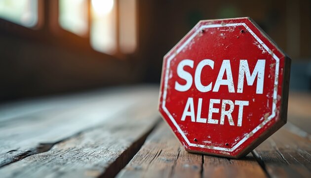 Red octagonal sign warns of scam and fraud danger. Red sign with white text Scam Alert sits on aged wooden table. Graphic illustrates caution against online and financial threats.