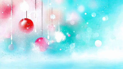 Abstract watercolor background with hanging red and pink ornaments, bokeh lights, and a soft blue and white gradient.