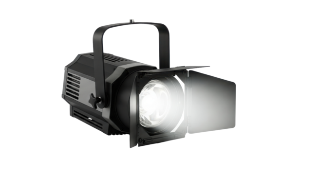Professional Black Stage Lighting Spotlight Fixture Projecting Bright White Beam isolated on Transparent Background