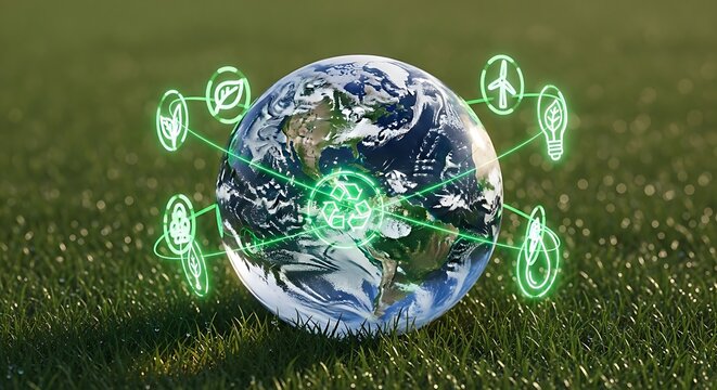 Digital earth with sustainable technology network on grass