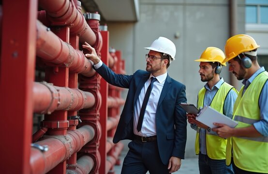 Engineer in suit, hard hat inspects red fire pipes. Two workers in vests, hard hats, ear muffs observe. Team reviews industrial building safety system equipment outdoors. Checking facility