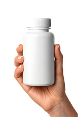 Hand Holding Blank White Medicine Bottle Mockup on White Background