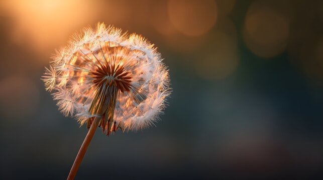 Close-up of a dandelion seed head glowing in the warm sunlight at sunset.