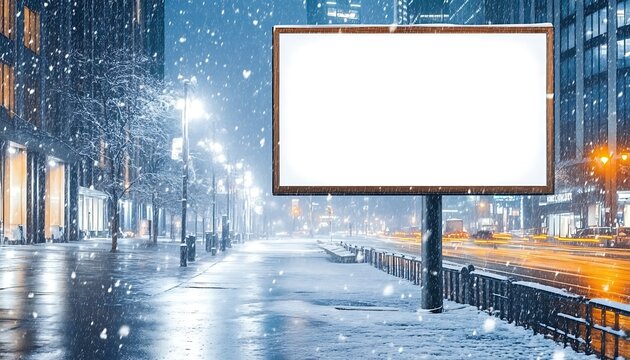 Empty blank billboard on snowy avenue for winter city advertising outdoor