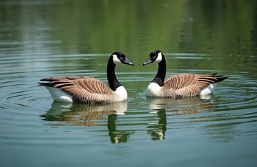 Obraz premium Two Canada geese swim together on a calm blue lake. Their reflections ripple on the water surface. Green foliage provides a soft background. Birds look at each other.