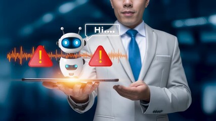 AI robot alert icons above digital tablet, warning symbols and chat interface graphics, futuristic security concept with business professional in background. - Powered by Adobe