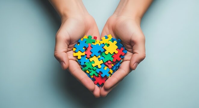 Hands gently cradling a heart shape formed by colorful puzzle pieces, symbolizing autism awareness, support, and the importance of community