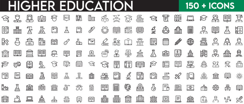 Set of outline icons related to higher education, university. Linear icon collection. Editable stroke. Vector illustration. with white background