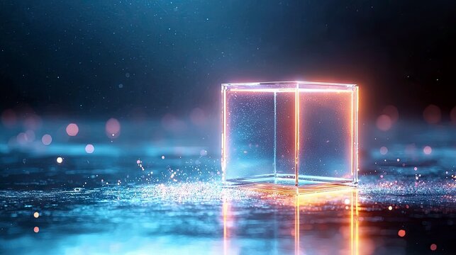 A transparent glass cube with glowing neon edges, set against a dark, misty background with scattered bokeh lights and reflective surface. - Powered by Adobe
