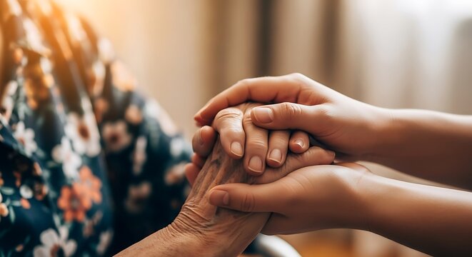 A compassionate young hand gently holds the wrinkled hand of an elderly person, symbolizing care, support, comfort, and a strong bond