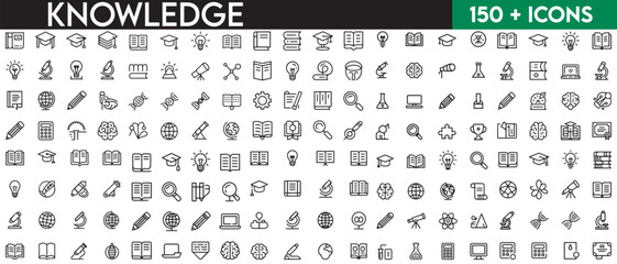 Set of outline icons related to knowledge. Linear icon collection. Editable stroke. Vector illustration. with white background