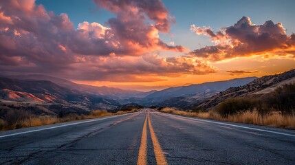 A scenic road leads through mountains under a dramatic sunset sky, with colorful clouds painting the horizon and creating a sense of adventure