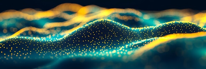 Vibrant Abstract Tech Background with Luminous Waveforms and Data Streams in 3D Space Design