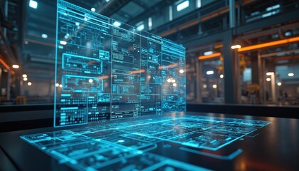 Futuristic hologram displays complex data and schematics in industrial facility. Blue digital interface shows manufacturing process. Advanced tech manages smart factory operations.