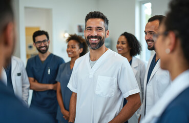 Group of smiling doctors stand. Happy multiethnic medical staff together in hospital. Diverse team of confident healthcare professionals in a clinic setting. They are smiling, working as a team.