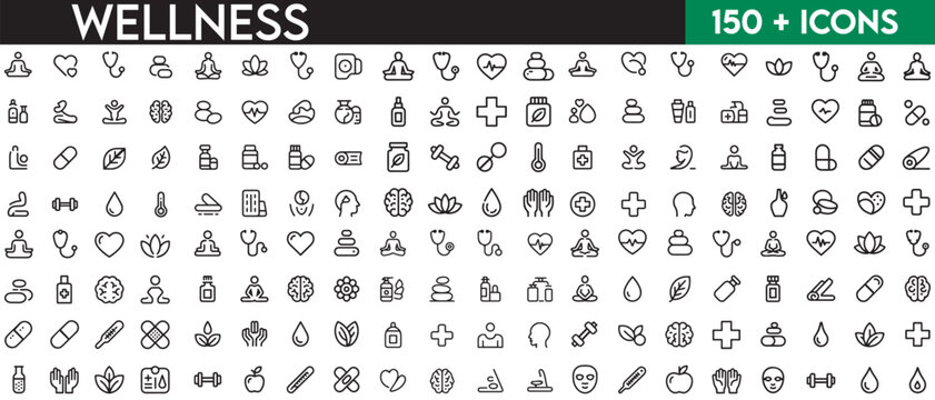 line icons related to wellness, wellbeing, mental health, healthcare, cosmetics, spa, medical. Outline icon collection. Editable stroke. Vector illustration. with white background