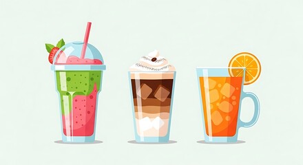 Refreshing Summer Drinks - Colorful Smoothie, Iced Coffee, and Orange Juice.