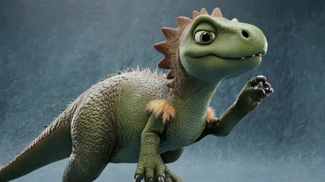 A small, animated green dinosaur with spikes and furry tufts