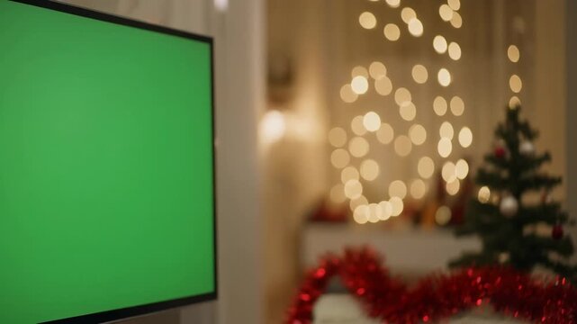 Green screen TV in a cozy room with Christmas decorations