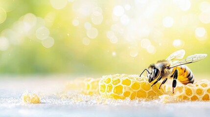 A close-up macro shot of a honeybee perched on a piece of honeycomb. The background is a soft, blurred green and yellow bokeh, suggesting a sunny outdoor enviro
