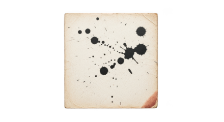 Abstract black ink splatters on a light beige textured surface isolated on transparent background
