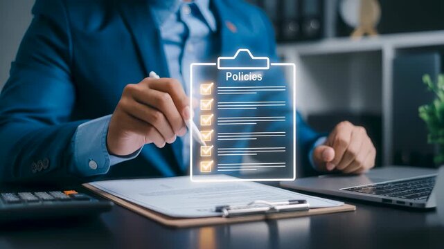 A businessman signs a digital policy checklist on a tablet, showing policy compliance document management approval review regulation process and corporate governance in the office.
