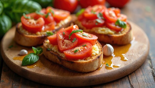 Toasted bread topped with fresh chopped red tomatoes, vibrant green basil, garlic, olive oil. Rustic Spanish Pan con Tomate appetizer served on wooden board. Savory, wholesome snack light meal,