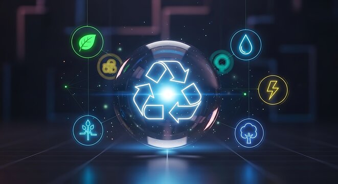 Futuristic globe with recycling symbol and environmental icons - Powered by Adobe