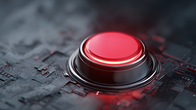 Close-up of a glowing red emergency button on a dark, textured surface.