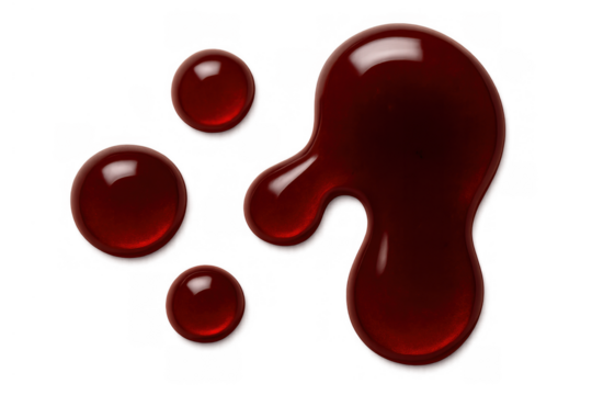 Blood drops and a puddle of red liquid creating a realistic splatter effect with a transparent background - Powered by Adobe