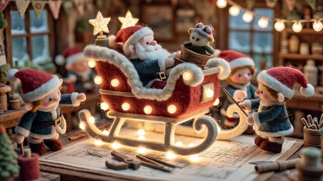 Charming Christmas Scene with Santa Claus and Elves in a Festive Workshop