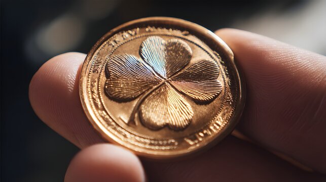 Close-up of a hand holding a shiny golden coin with a four-leaf clover embossed, symbolizing luck and fortune.