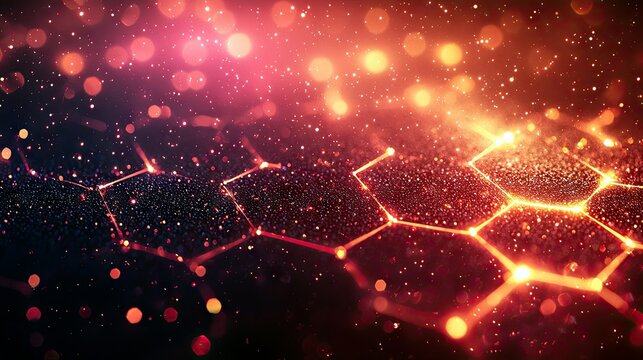 A close-up abstract view of a glowing hexagonal molecular structure with shimmering particles and bokeh lights in warm, fiery tones. - Powered by Adobe