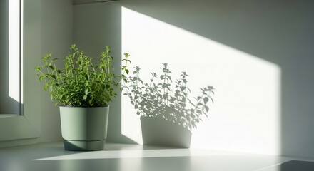 A Potted Herb Illuminated By Natural Light, Casting Shapes On The Adjacent Wall