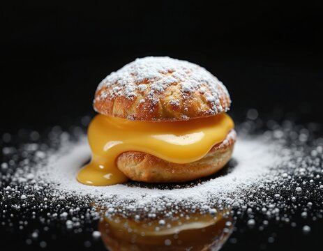 Cream puff filled with custard on black. Bigne sweet dessert. Italian pastry close up covered with sugar. Food presentation idea for restaurant. Delicious dessert with bakery product.