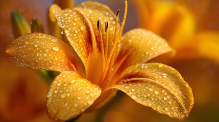 Close-up of a vibrant orange daylily flower with dew drops.