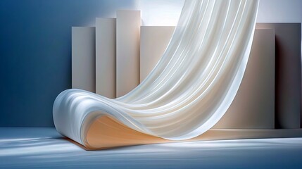A flowing piece of white fabric drapes over and around abstract geometric shapes in a minimalist studio setting. Soft, diffused light creates subtle shadows and