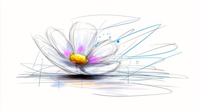 A delicate sketch of a white flower with a yellow center and pink accents, rendered with loose lines and abstract blue and black scribbles, on a white backgroun - Powered by Adobe