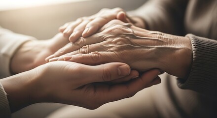 Naklejka premium Closeup of a younger persons hands gently holding the wrinkled hand of an elderly individual, symbolizing care, support, and intergenerational connection