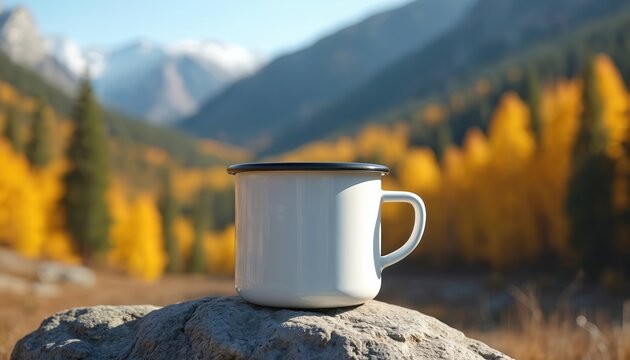 White enamel mug sits on rough stone rock. Sunny autumn mountain landscape with vibrant yellow, green trees fills blurred background. Clean camping cup ready for hot drink, tea coffee during outdoor