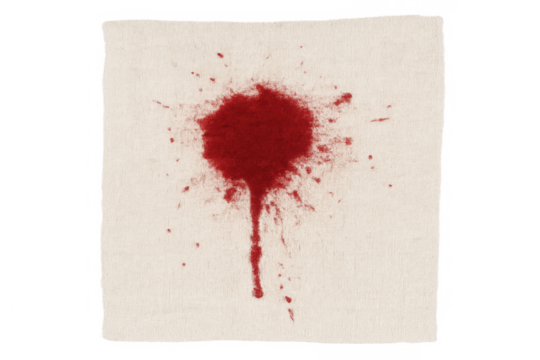 Blood stain splattered on white cloth with dripping red liquid, displaying violence, trauma, and medical emergency concepts