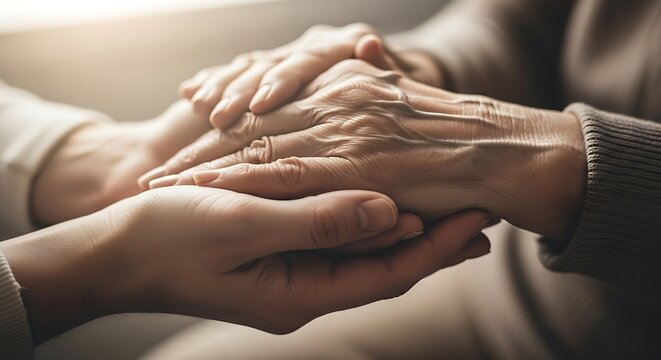 Closeup of a younger persons hands gently holding the wrinkled hand of an elderly individual, symbolizing care, support, and intergenerational connection
