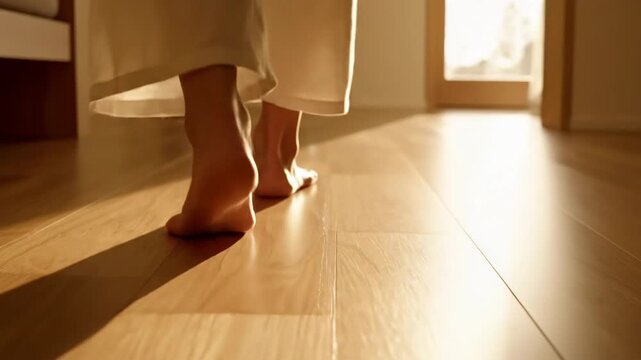 Person Walking Barefoot on Wooden Floor in Warm Indoor Setting